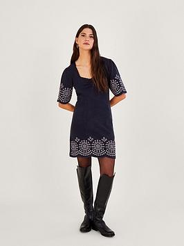 Monsoon Broidery Angel Sleeve Short Dress - Navy