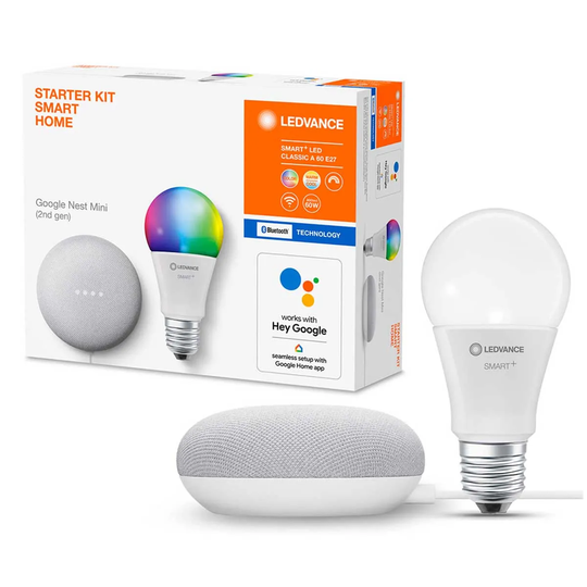 Google Nest Mini and Ledvance Smart+ Bluetooth E27 Rgbw Bulb Bundle