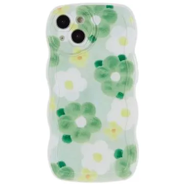 Stylish Wavy Edge iPhone 14 TPU Case - Green and White Flowers
