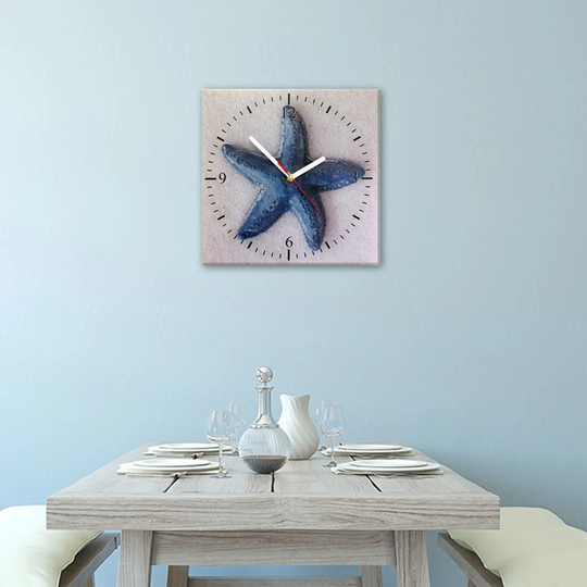 Glass Wall Clock - Maritime Motif - Small Blue Starfish
