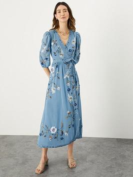 Monsoon Willa Sustainable Embroidered Wrap Dress - Blue