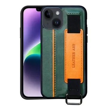 Dual-Color iPhone 14 Coated Case with Hand Strap & Card Slot - Green