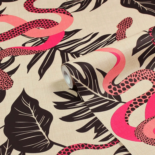 Furn. Serpentine Pink/Black Animal Printed Wallpaper