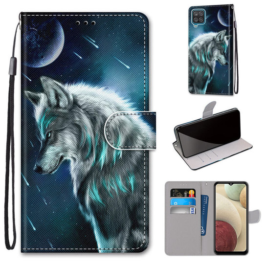 Samsung Galaxy A12, M12 Case Pattern Cover Folio with kickstand Wolf