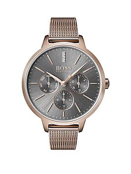 Boss Grey Sunray Crystal Set Multi Dial Rose Gold Stainless Steel Mesh Strap Ladies Watch
