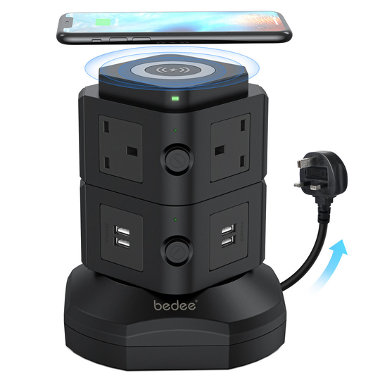 6 Ways Power Strip Tower Surge Protector Socket with Wireless Charger