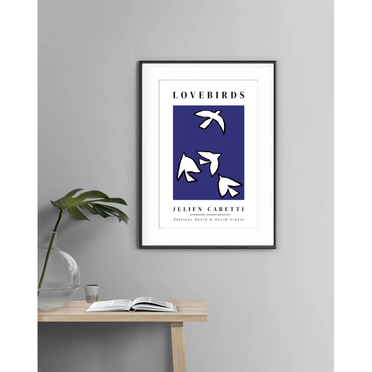 Lovebirds Fond Bleu - Picture Frame Graphic Art Print on Paper