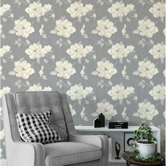 Bloom Wallpaper Charcoal Grey Floral Roses Textured Linen Effect Cream