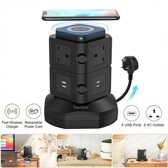6 Way 4 USB Tower Mains Power Extension Lead with Wireless Charger