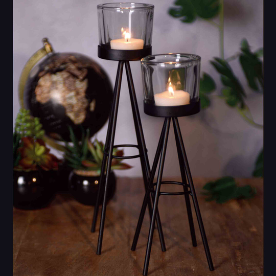 2 Metal Tea Light Candle Stick Stand Glass Holder Set