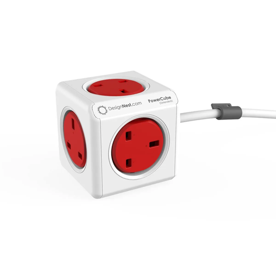 Allocacoc PowerCube Extended 5 Socket 1.5metre Extension Lead Adapter Outlet - Red