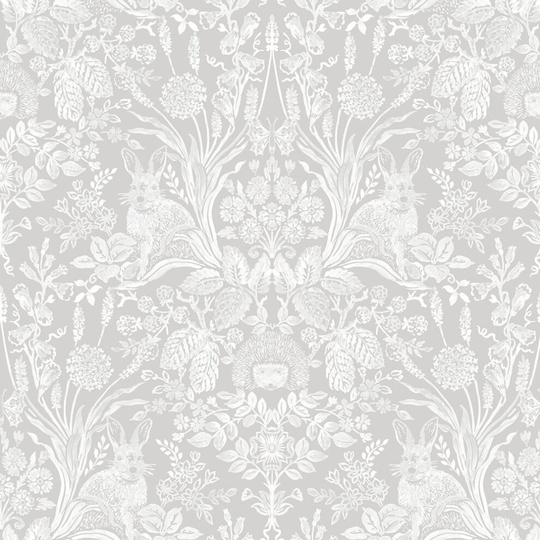 Holden Decor Harlen Wallpaper Trees Flowers Hedgehogs Leaves Rabbits Damask Grey/White