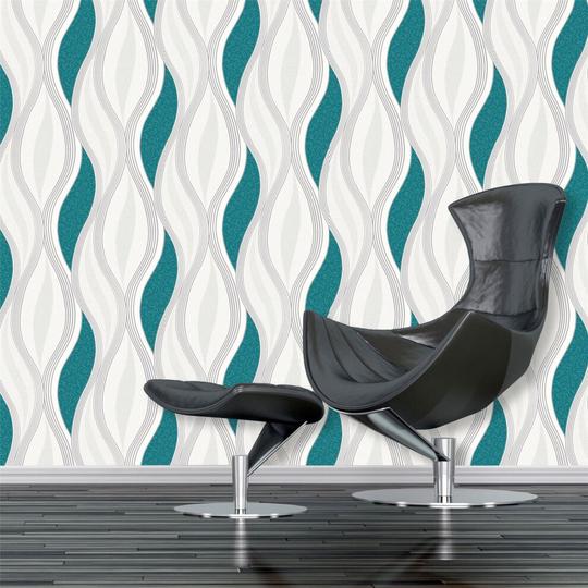 Teal Green Waves Silver White Glitter Textured Vinyl Feature Wallpaper