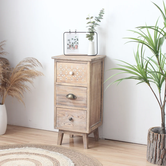 Narrow Antique Wood 3 Drawer Bedside Table