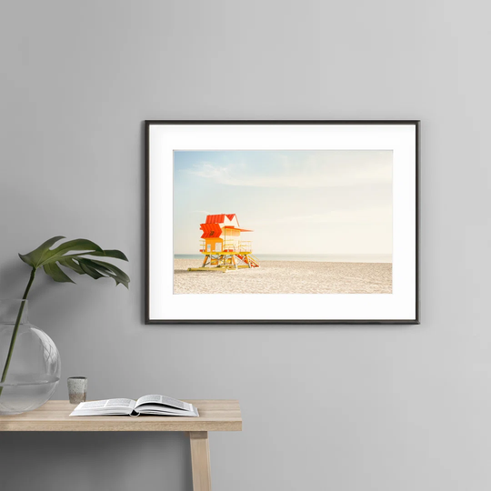 RED BEACH CABIN, Framed Graphic Art Print.