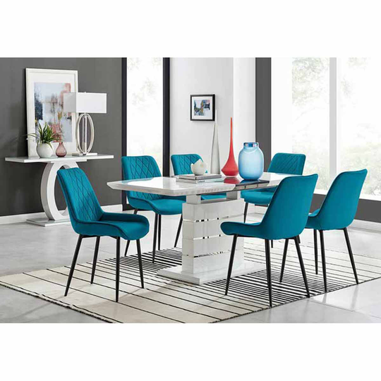 Furniture Box Renato 120cm High Gloss Extending Dining Table and 6 x Blue Pesaro Black Leg Chairs