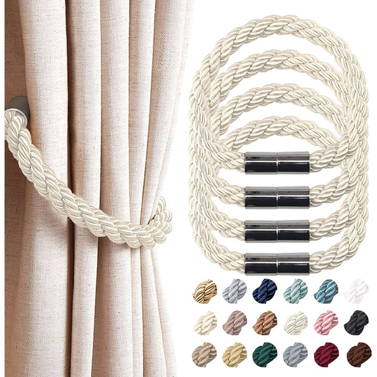 (4 Pack, Beige) Strong Magnetic Curtain Tiebacks Modern Simple Style Drape Tie Backs Convenient Decorative Weave Rope Curtain Holdback