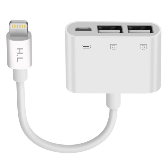 Compact Lightning Charge Adapter for IPhone/iPad Lightning to 2 USB - White