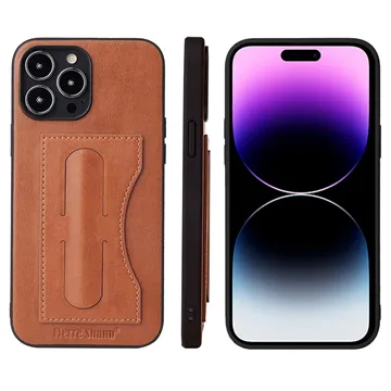 Fierre Shann iPhone 14 Pro Max Coated Case with Card Slot & Stand - Brown