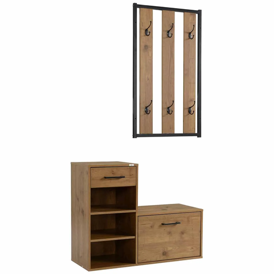 HOMCOM 6 Hook Coat Rack With Shoe Bench Set Black And Natural