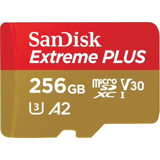 SanDisk Extreme PLUS 256 GB microSDXC Memory Card + SD Adapter with A2 App Performance up to 170 MB/s, Class 10, U3, V30, Red/Gold